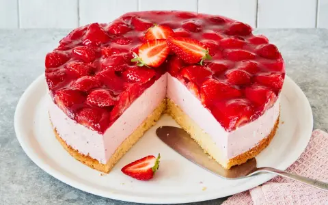 Eine köstliche Erdbeer Mascarpone Torte, üppig belegt mit frischen Erdbeeren und glänzendem Tortenguss. Ein Stück fehlt bereits.