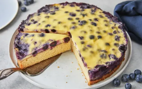 Ein saftiger Heidelbeerkuchen mit einer cremigen Vanillepudding-Schicht und frischen Heidelbeeren. Ein Stück wird gerade herausgeschnitten.