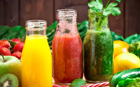 Drei Flaschen mit frisch gepresstem Saft: gelb, rot und grün. Perfekt, um Saft selber machen zu lernen und gesunde Getränke zu genießen.