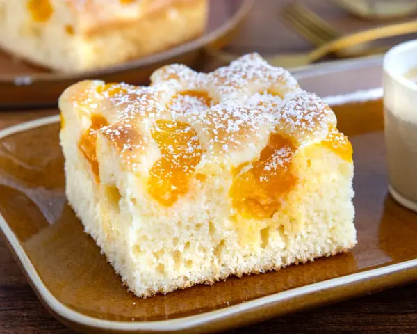 Ein Stück saftiger Buttermilchkuchen mit Mandarinen, bestäubt mit Puderzucker, auf einem braunen Teller neben einer Tasse Kaffee.