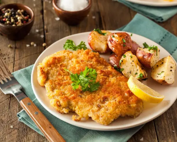Goldbraunes Schnitzel, perfekt paniert, mit Rosmarinkartoffeln und Zitrone auf einem Teller. Ein Genuss, der zeigt, wie man ein Schnitzel paniert.
