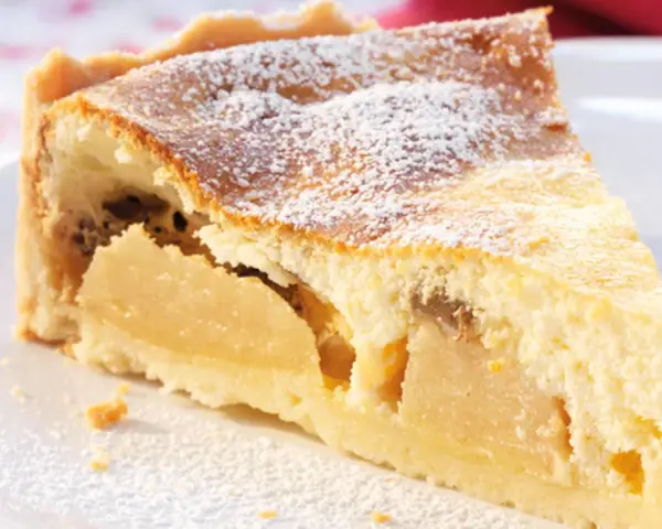 Ein Stück saftiger Apfelkuchen mit Quark, bestäubt mit Puderzucker, auf einem weißen Teller.