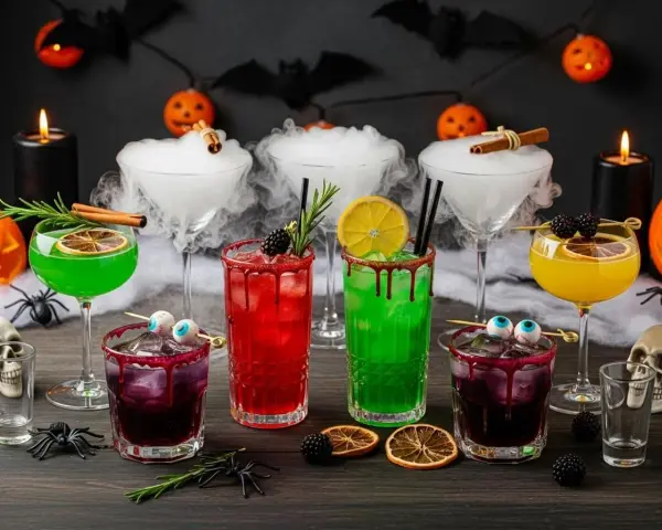 Gruselige Halloween Cocktails mit Alkohol: grüne, rote und gelbe Drinks, garniert mit Beeren und Zitronen. Nebel und Spinnen sorgen für Gruselstimmung.