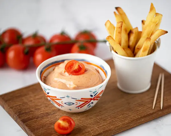 Sriracha Mayo selber machen: cremige Sauce mit Kirschtomaten und Pommes Frites.