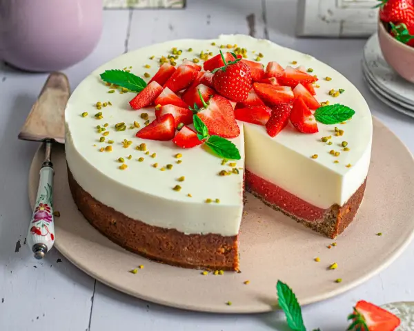Erdbeer Joghurt Torte mit frischen Erdbeeren und Pistazien garniert. Ein Stück ist angeschnitten und zeigt die cremige Schicht.