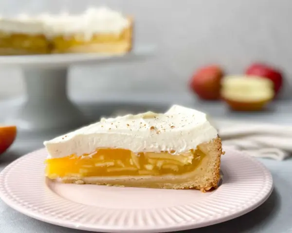 Ein Stück Apfel Schmand Torte auf einem rosa Teller, mit einer Schicht Apfelmus und Sahnehaube, garniert mit Zimt.