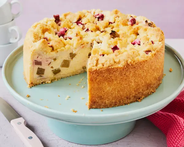 Rhabarberkuchen rezept mit pudding: Ein saftiger Kuchen mit Rhabarberstückchen und Streuseln auf einem cremigen Puddingboden.