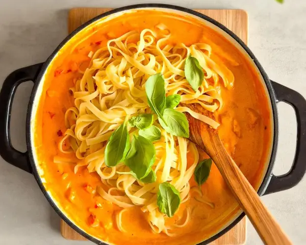 Cremiges Chicken Alfredo mit Tagliatelle, garniert mit frischem Basilikum, in einer schwarzen Pfanne.