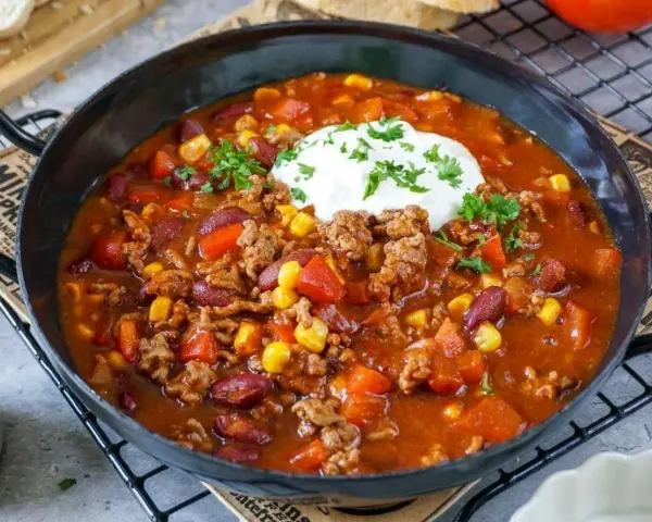 Herzhaftes Chili con Carne mit Hackfleisch, Bohnen, Mais und einem Klecks Sour Cream. Perfekt für kalte Tage!