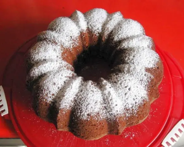 Omas Nusskuchen Gugelhupf, mit Puderzucker bestäubt, auf einem roten Teller.