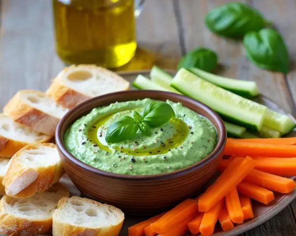 Grüne Dips zum Grillen mit Brot, Karotten- und Gurkensticks.
