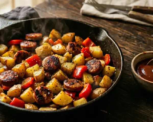 Heiß dampfende Bratwurst Kartoffel Pfanne mit Paprika, serviert in einer Gusseisenpfanne mit einer kleinen Schale Sauce.