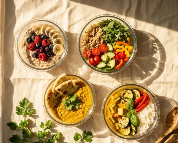 Vier Schüsseln mit gesunden, vorbereiteten Gerichten: Haferflocken mit Früchten, Quinoa-Salat, Linsencurry mit Naan und Curry mit Reis. Perfekt für Meal Prep!