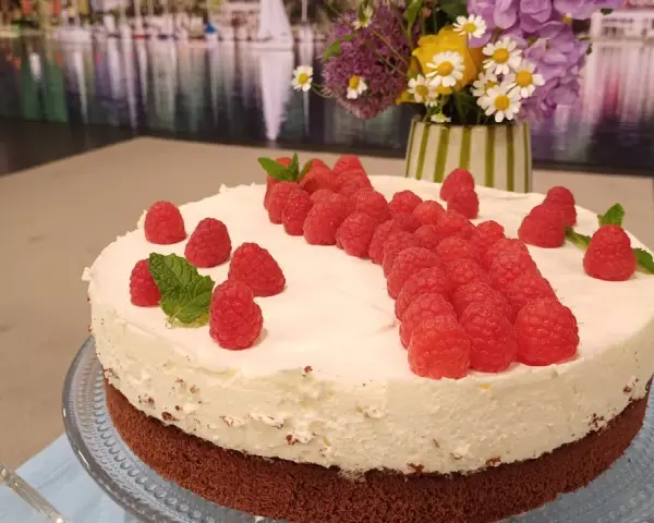 Himbeer Mascarpone Torte mit frischen Himbeeren und Minze verziert, ein Genuss für Augen und Gaumen.