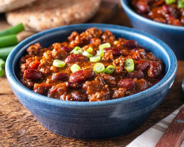 Herzhaftes Chili con Carne nach einem Rezept von Jamie Oliver, garniert mit Frühlingszwiebeln, in einer blauen Schüssel.