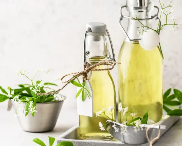 Zwei Flaschen mit selbstgemachtem Waldmeistersirup, dekoriert mit frischem Waldmeister.
