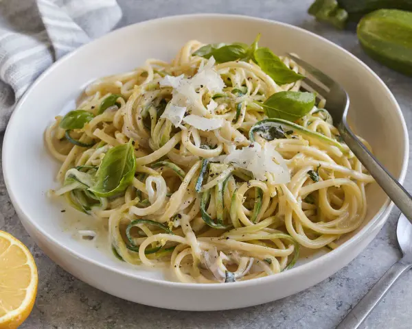 Zucchini-Zitronen-Pasta mit Basilikum und Parmesan, ein leichtes und frisches Gericht.