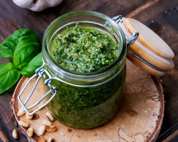 Frisches Basilikum Pesto in einem Glas, umgeben von Pinienkernen und Basilikumblättern.