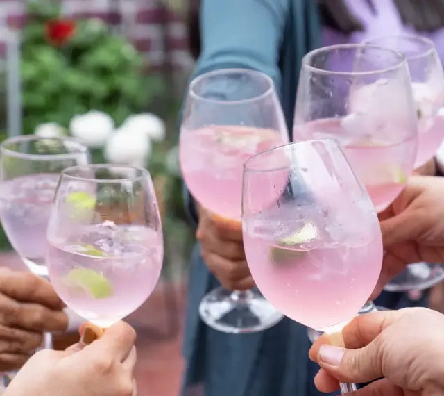 Freunde stoßen mit erfrischenden Sarti Spritz an. Rosa Drinks mit Limette und Eis in Gläsern.