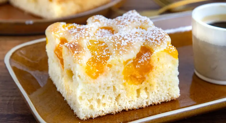 Ein Stück saftiger Buttermilchkuchen mit Mandarinen, bestäubt mit Puderzucker, auf einem braunen Teller neben einer Tasse Kaffee.