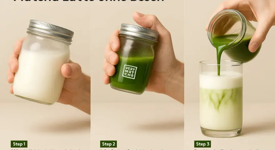 Schritte zur Zubereitung eines eis matcha latte: Milch schaumig schütteln, Matcha-Shot zubereiten und beides in einem Glas vereinen.