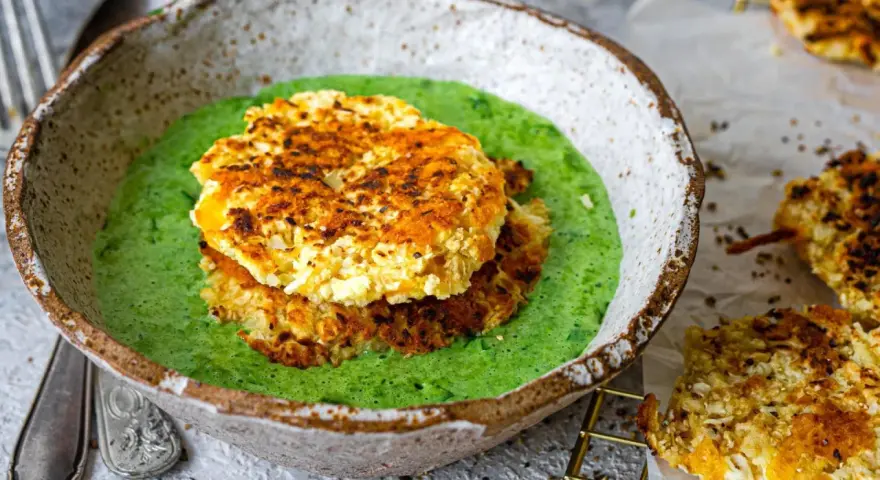 Zwei goldbraune Bratlinge aus dinkelflocken oder haferflocken liegen auf einer leuchtend grünen Gemüsesuppe in einer rustikalen Schüssel.