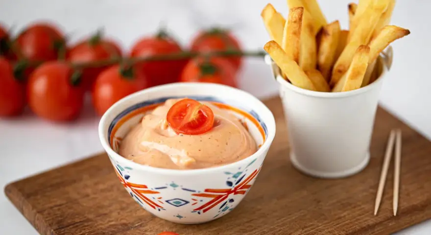 Sriracha Mayo selber machen: cremige Sauce mit Kirschtomaten und Pommes Frites.