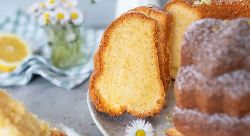 Saftiger Omas Joghurt Kuchen, frisch gebacken und mit Puderzucker bestäubt, daneben eine Zitronenscheibe und Gänseblümchen.