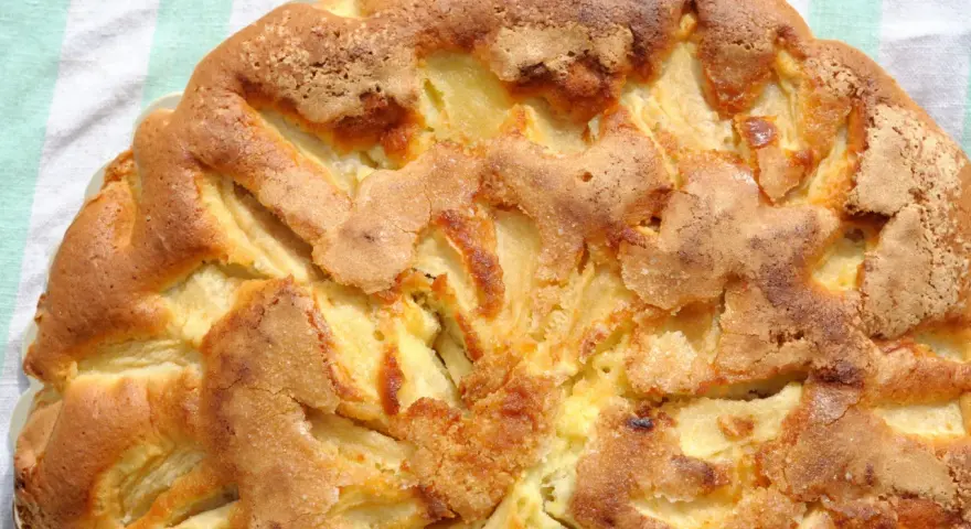 Saftiger apfelkuchen ohne mehl, mit goldbrauner Kruste und sichtbaren Apfelstücken. Perfekt für eine leichte Leckerei.