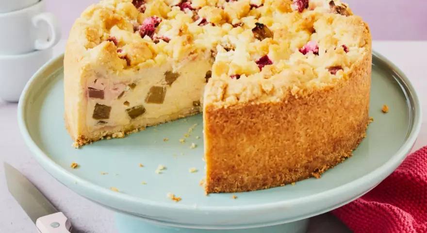 Rhabarberkuchen rezept mit pudding: Ein saftiger Kuchen mit Rhabarberstückchen und Streuseln auf einem cremigen Puddingboden.