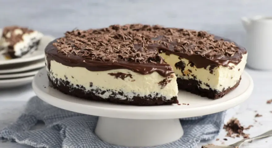 Eine köstliche Bananensplit Torte ohne Backen, mit Schokoladenüberzug und Schokostreuseln. Ein Stück ist bereits angeschnitten.