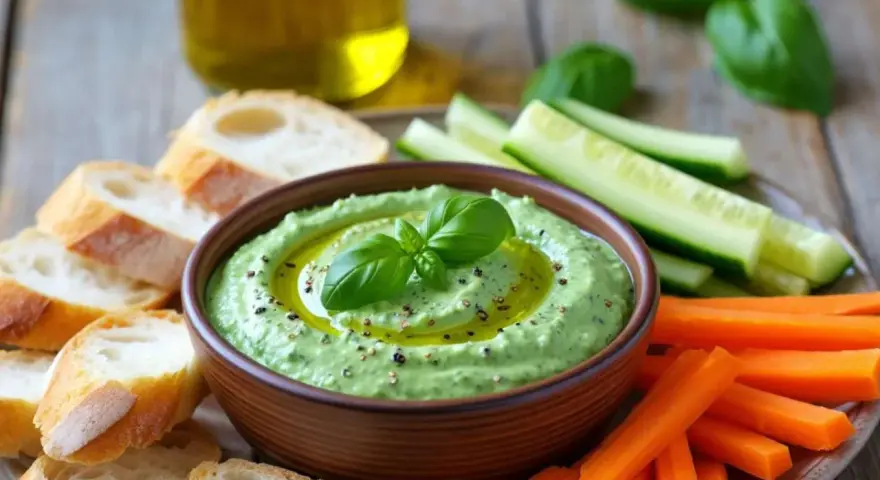 Grüne Dips zum Grillen mit Brot, Karotten- und Gurkensticks.