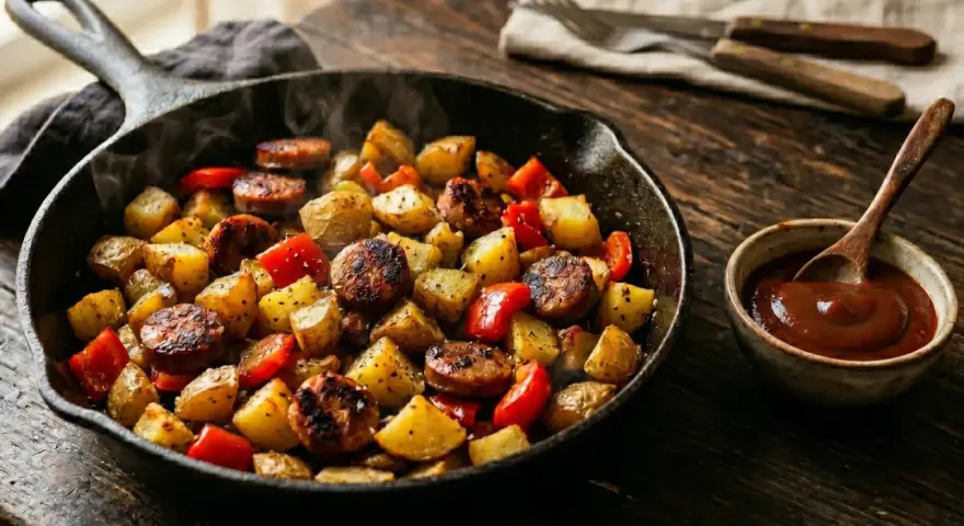 Heiß dampfende Bratwurst Kartoffel Pfanne mit Paprika, serviert in einer Gusseisenpfanne mit einer kleinen Schale Sauce.