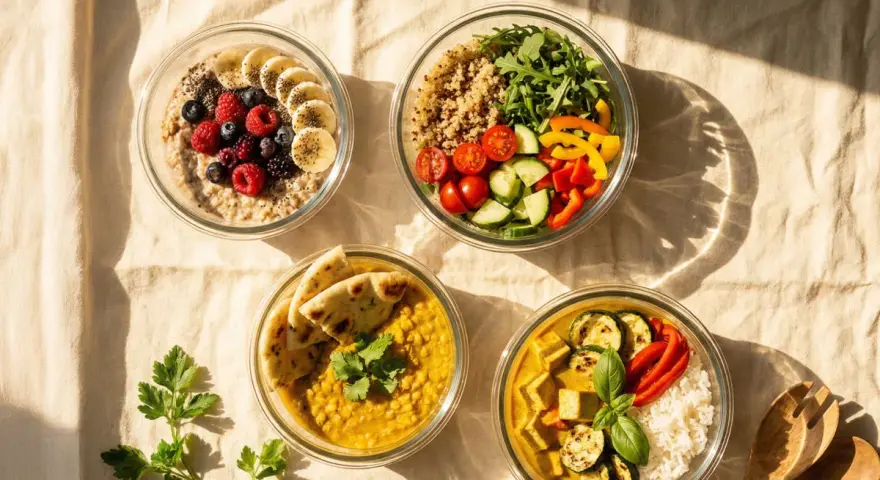 Vier Schüsseln mit gesunden, vorbereiteten Gerichten: Haferflocken mit Früchten, Quinoa-Salat, Linsencurry mit Naan und Curry mit Reis. Perfekt für Meal Prep!