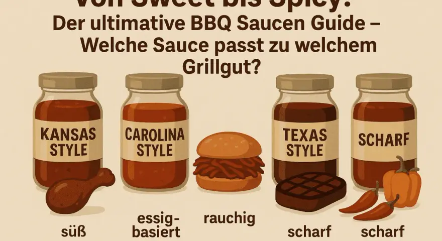 Vier BBQ Saucen: Kansas (süß), Carolina (essigbasiert), Texas (scharf) und eine scharfe Sauce, daneben Grillgut.