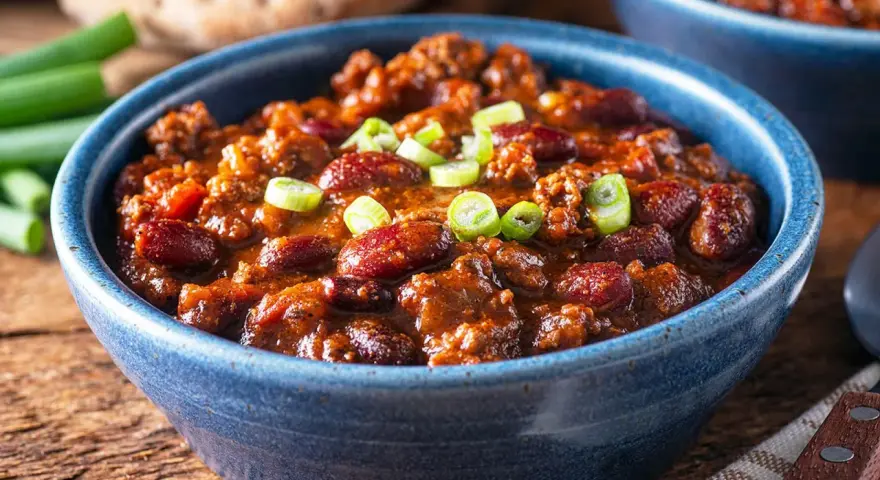 Herzhaftes Chili con Carne nach einem Rezept von Jamie Oliver, garniert mit Frühlingszwiebeln, in einer blauen Schüssel.