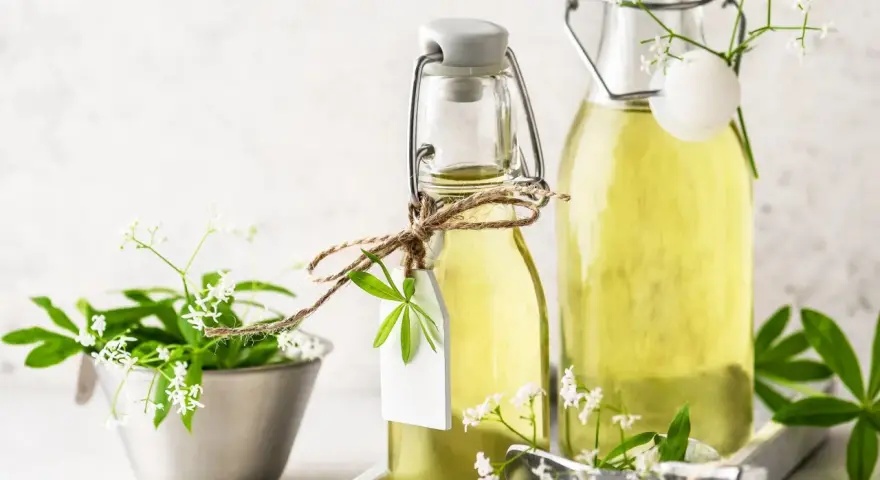 Zwei Flaschen mit selbstgemachtem Waldmeistersirup, dekoriert mit frischem Waldmeister.