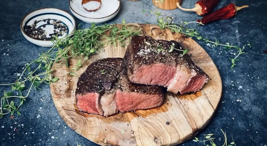 Perfekt gebratenes Rib Eye Steak, saftig und rosa, mit frischem Thymian und grobem Salz gewürzt. Ein Genuss für Fleischliebhaber.