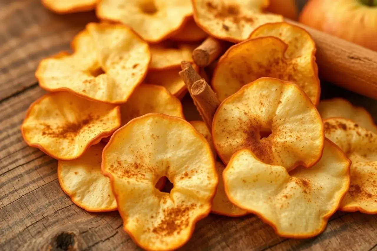 Leckere, selbstgemachte Apfelchips mit Zimt, auf rustikalem Holz. Perfekt zum Apfelchips selber machen!