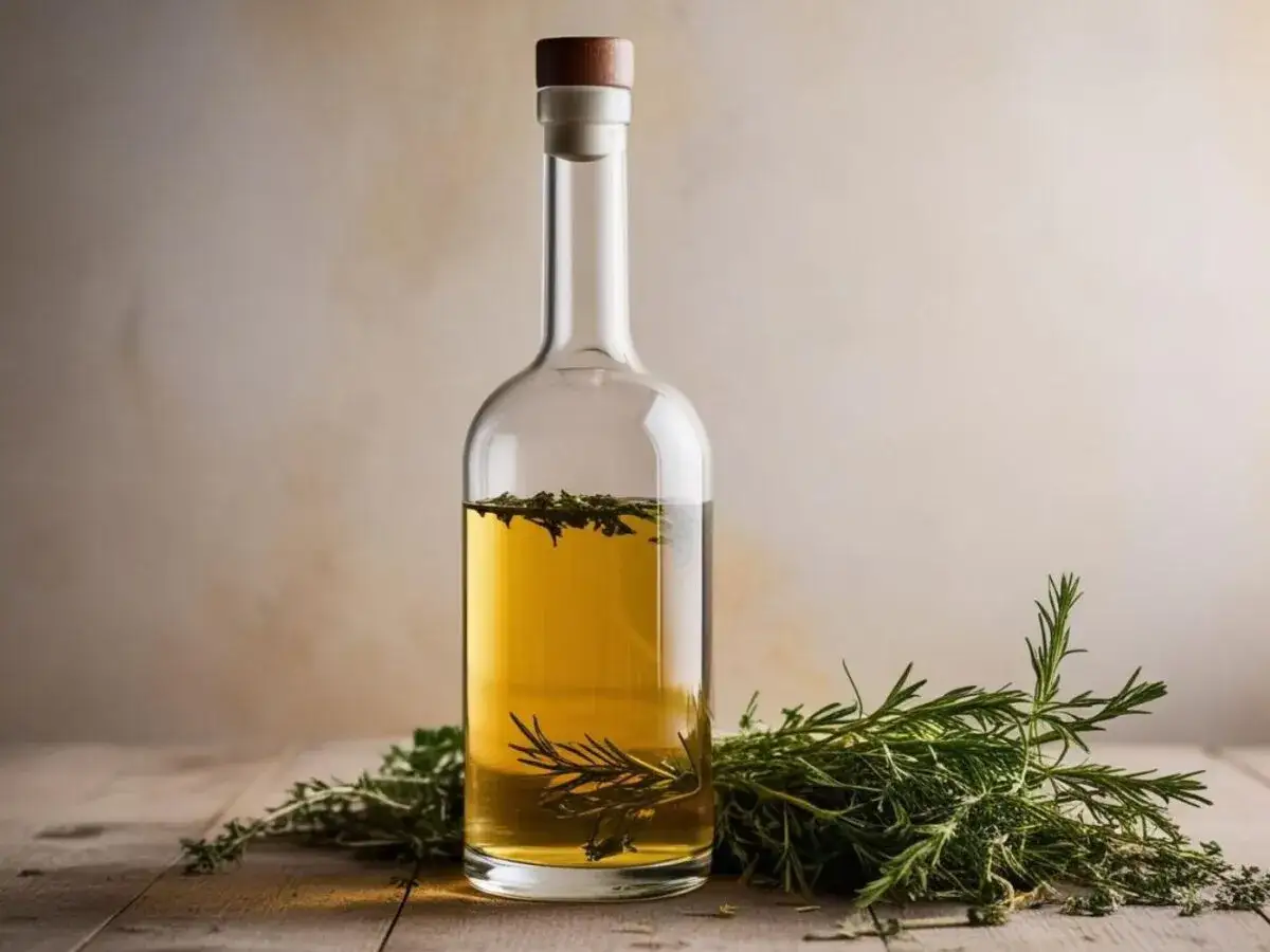 Klar, hier ist der Alt-Text:
Kräuterlikör in einer Flasche, bereit zum Schnaps selber machen. Frischer Rosmarin und Thymian daneben.