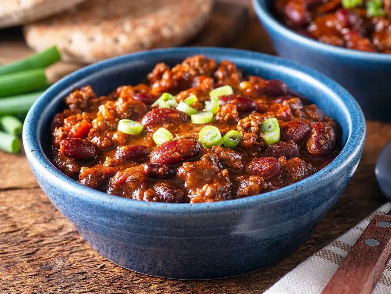 Herzhaftes Chili con Carne, inspiriert vom rezept chili con carne jamie oliver, in einer blauen Schüssel mit Frühlingszwiebeln garniert.