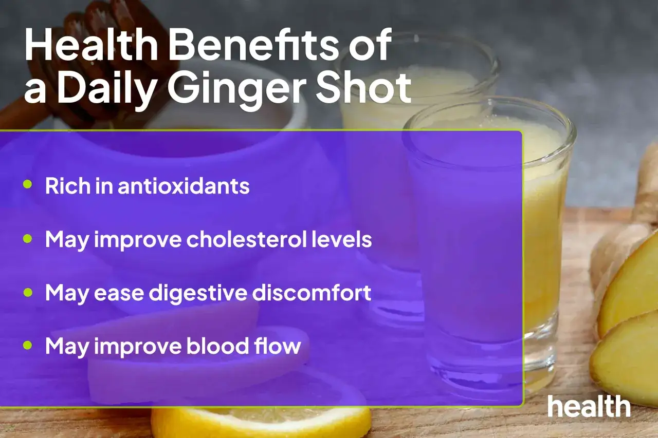Gesundheitliche Vorteile eines t&auml;glichen Ingwer Shots: reich an Antioxidantien, kann Cholesterin verbessern, Verdauungsbeschwerden lindern und den Blutfluss f&ouml;rdern.