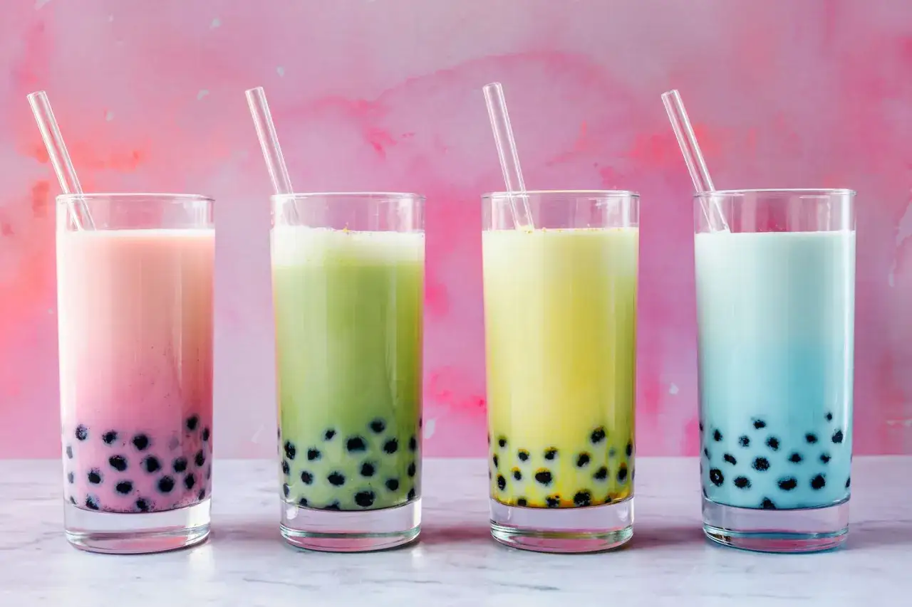 Vier bunte Gl&auml;ser mit Tapiokaperlen und Strohhalmen zeigen, was ist Bubble Tea: ein erfrischendes Getr&auml;nk mit s&uuml;&szlig;en Perlen.