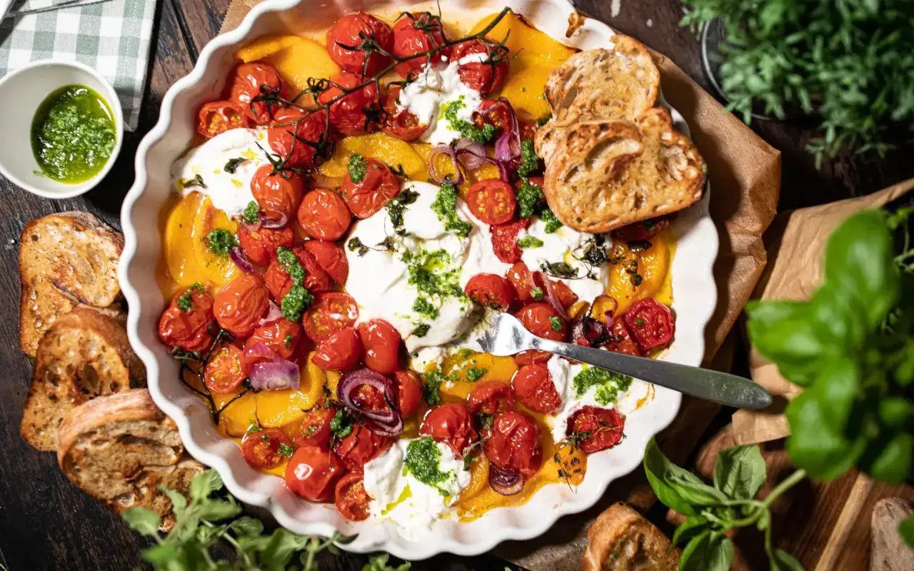 Ofengericht mit geschmolzenem Käse, Kirschtomaten, Paprika und geröstetem Brot. Ein köstliches Gericht, das an eine cremige tomatensauce aus dem ofen erinnert.