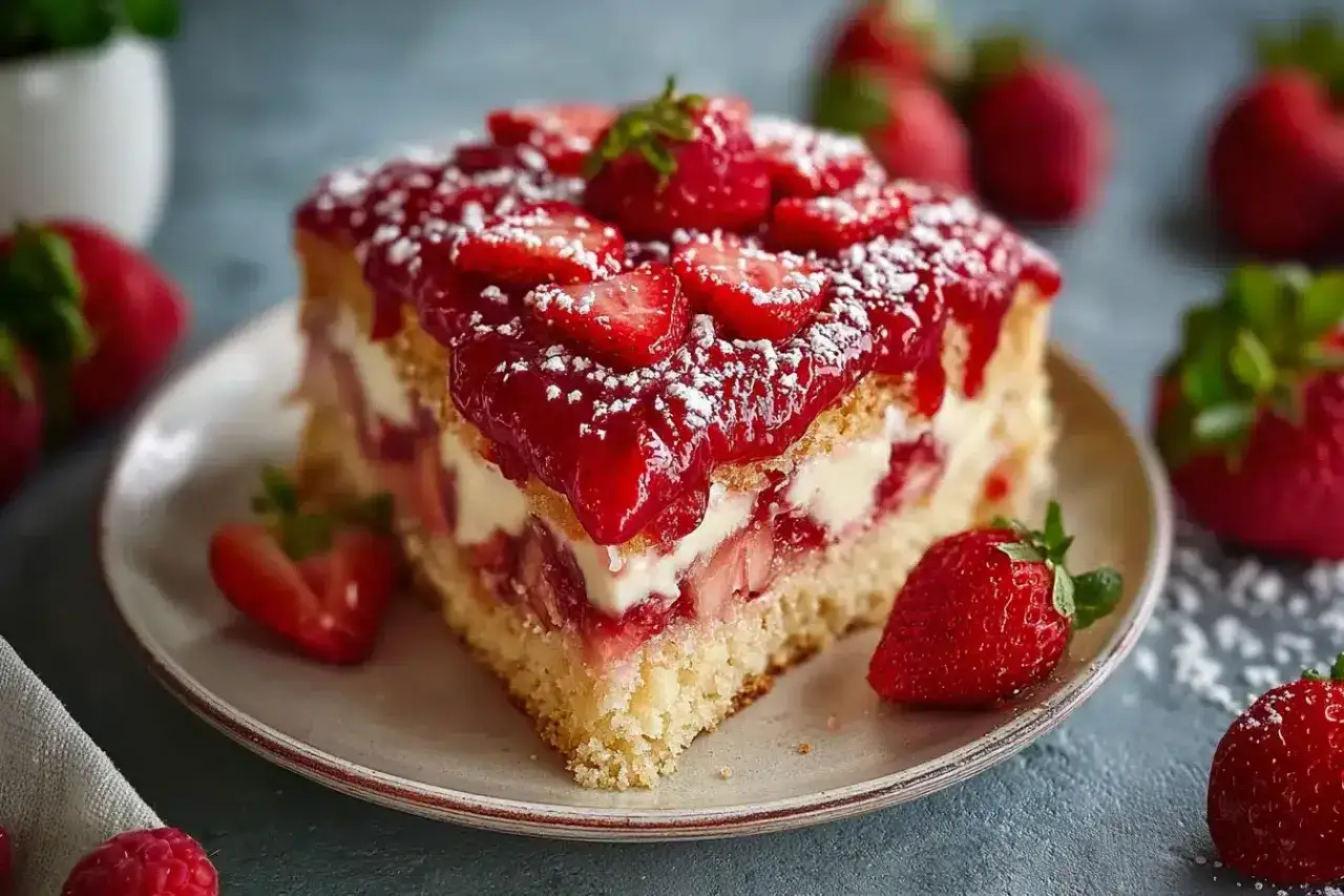 Ein saftiges Stück Erdbeerkuchen mit frischen Erdbeeren und Sahne. Dieses Erdbeerkuchen Rezept ist ein Genuss!