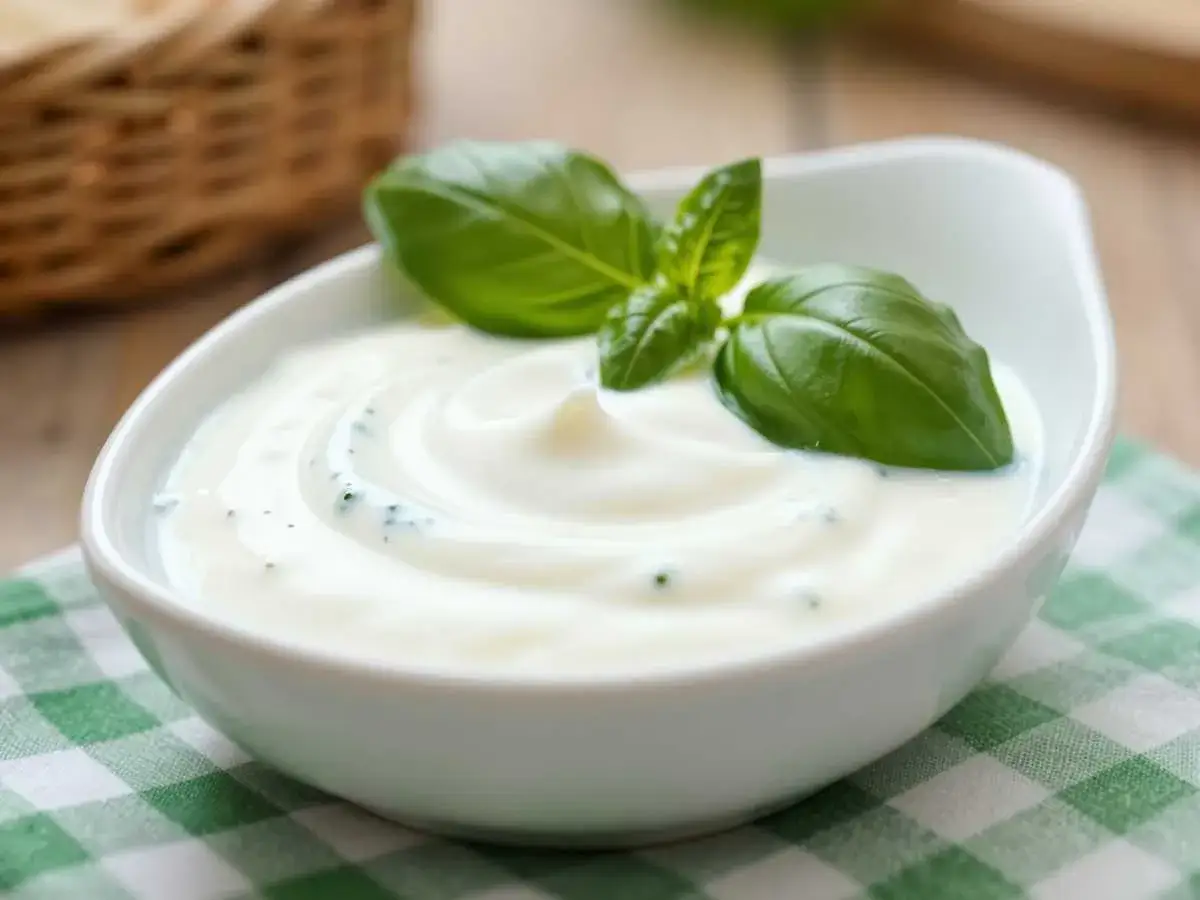 Cremige Mayonnaise mit gekochtem Eigelb und Joghurt, garniert mit frischem Basilikum.