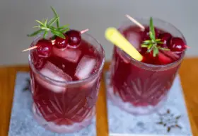 Zwei erfrischende, rote Mocktails mit Kirschen und Rosmarin, perfekt für einen entspannten Abend.