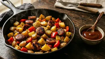 Heiß dampfende Bratwurst Kartoffel Pfanne mit Paprika, serviert in einer Gusseisenpfanne mit einer kleinen Schale Sauce.