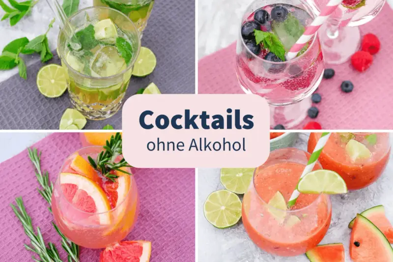 Vier erfrischende alkoholfreie Cocktails mit Früchten und Kräutern. Ein Mojito, Beeren-Drink, Grapefruit-Rosmarin-Cocktail und ein Wassermelonen-Smoothie.