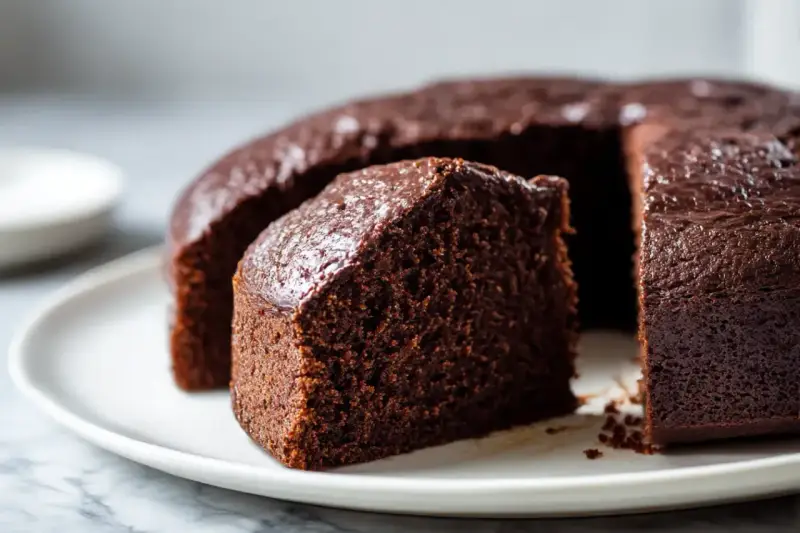 Saftiger Schokoladenkuchen, frisch aus dem Airfryer, auf einer weißen Platte. Ein Stück ist bereits angeschnitten.